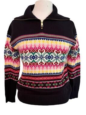 Talbots Black Half-Zip Mockneck Sweater Stripe Fair Isle Sm P Preppy Nordic Wool